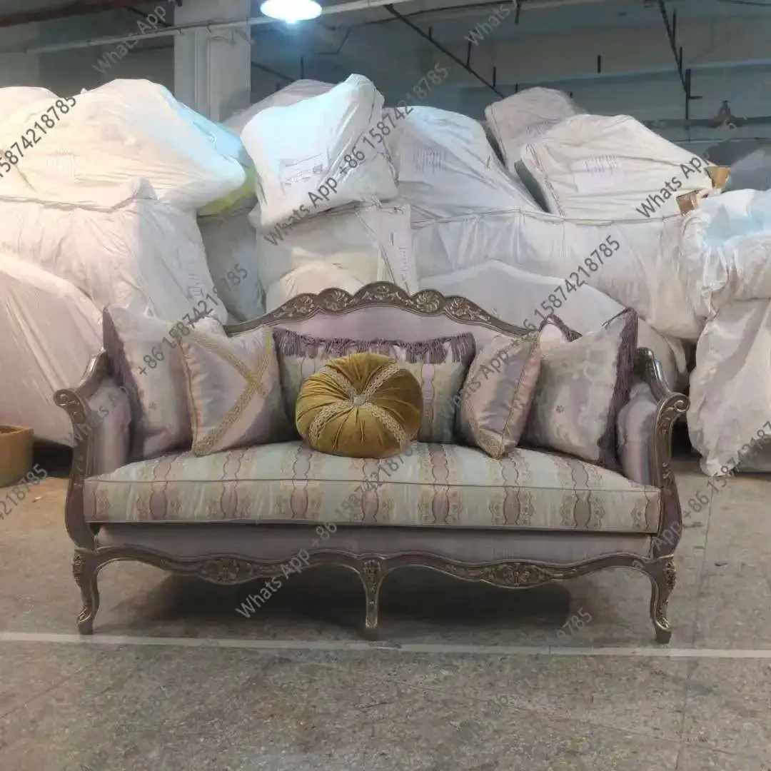 V69 Luxury French European-style Villa Living Room Solid Wood Sticker Gold Foil Carving Imported Light Purple Down Sofa