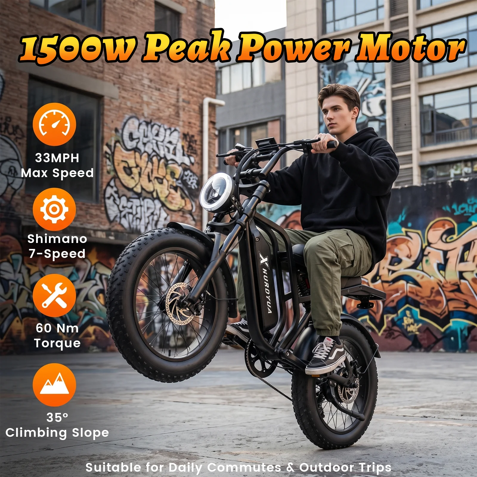 XHURDYUA Electric Bike for Adults 1500W Peak 20