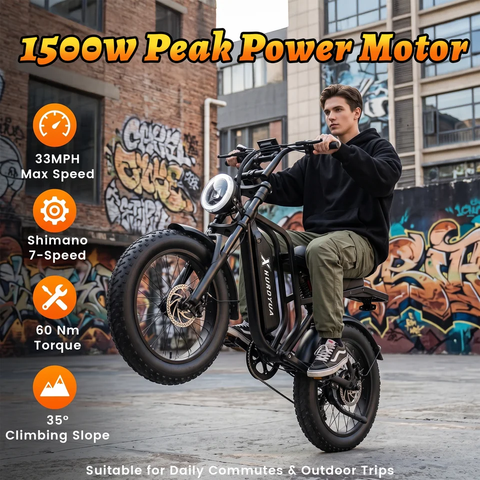 XHURDYUA Electric Bike for Adults 1500W Peak 20"x4" All-Terrain Fat Tire Dirt E-Bike | 48V 15Ah Removable Battery, Dual Suspension, 7-Speed Commuter Bicycle with LED Display, UL 2849 Certified image 2