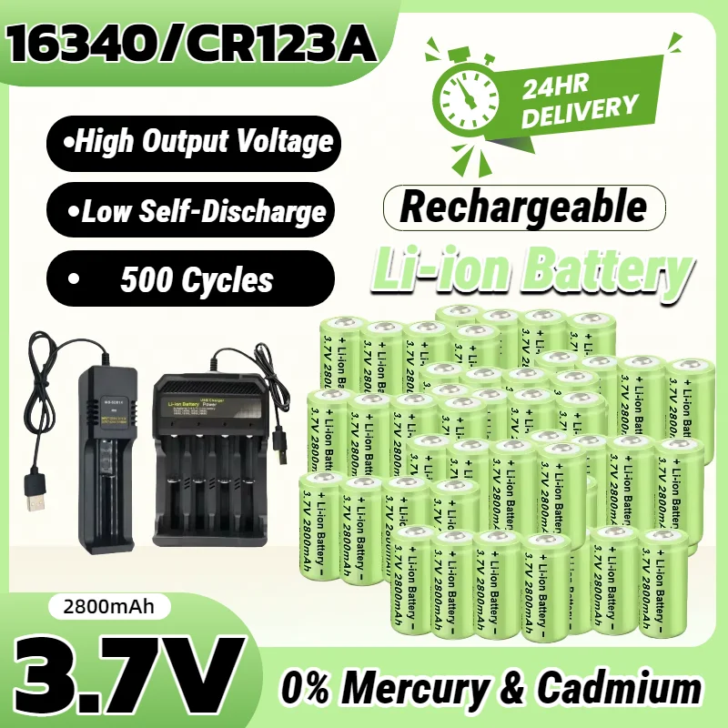 3.7 فولت 2800 مللي أمبير CR123A بطارية ليثيوم أيون قابلة للشحن 16340 مع شاحن USB لمصباح LED ، ضوء الطوارئ للسفر في الهواء الطلق