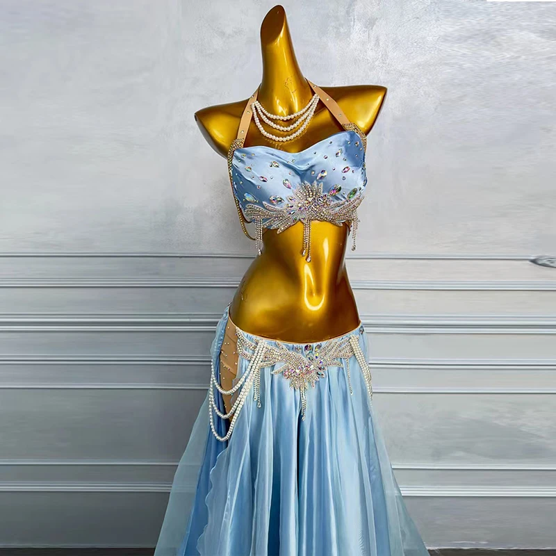 Belly Dance Professional Performance Clothing BellyDance Costume Customization Luxury Diamond Bra+Sexy Split Long Skirt 2pcs