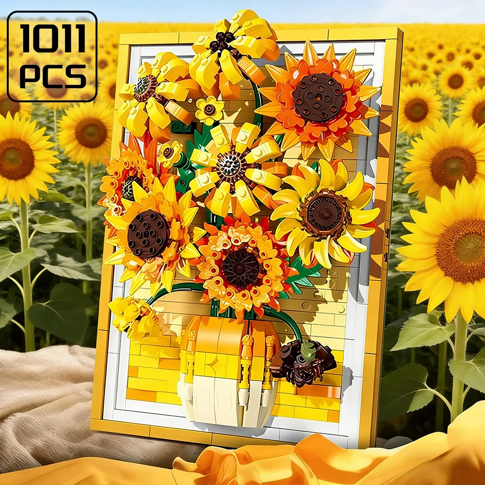 

Вечный подсолнух, строительный блок, цветок, украшения «сделай сам», детские кирпичи, игрушки, 1011 шт., художественный букет, MOC, рамка для девочек, подарки на День святого Валентина