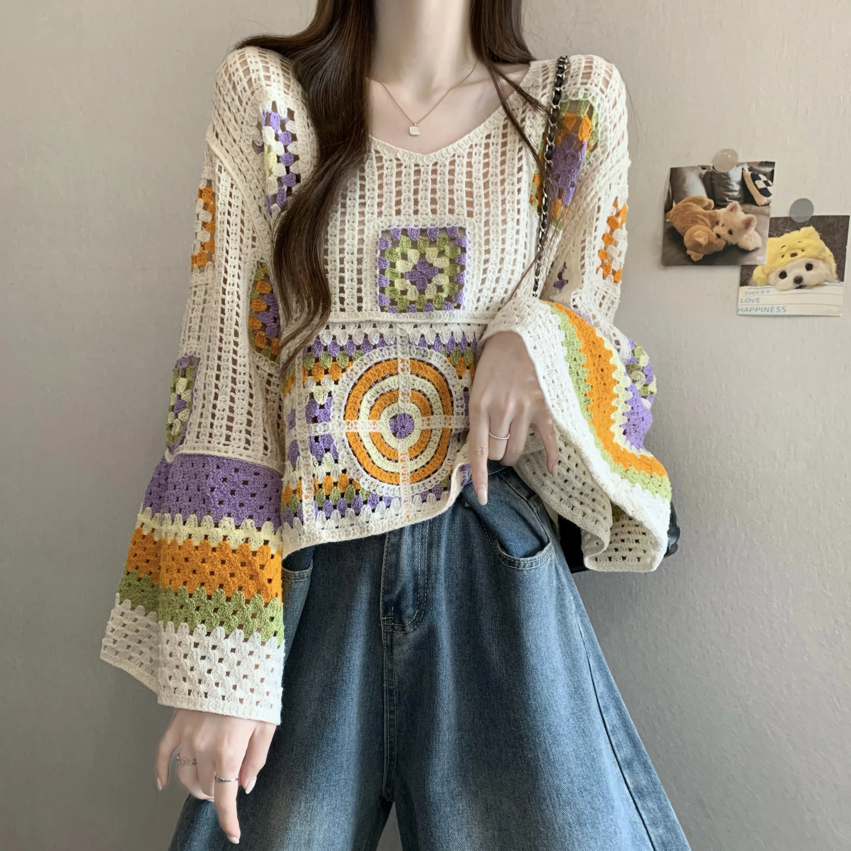 Retro Korean Style Hooked Floral Hollow out Loose Top Women's Summer Vacation Style Slimming Cover up Casual Style Polyester ...
