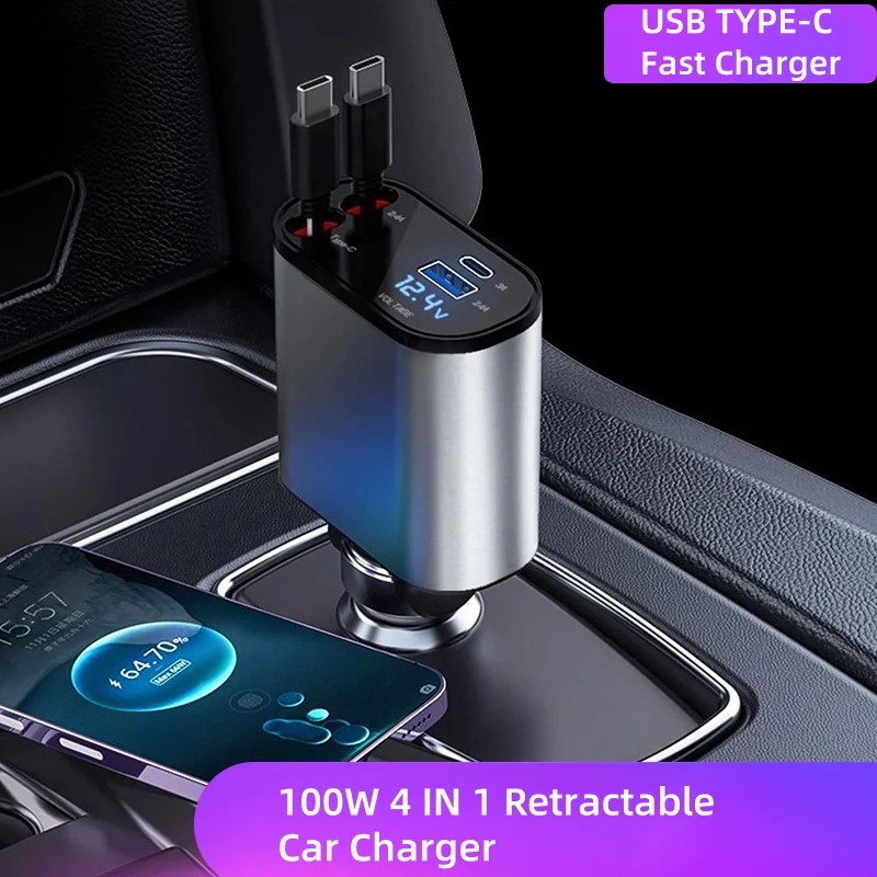 100W 4 IN 1 Retractable Car Charger USB Type C Cable For IPhone Fast Charge Cord Cigarette Lighter Adapter X4W3