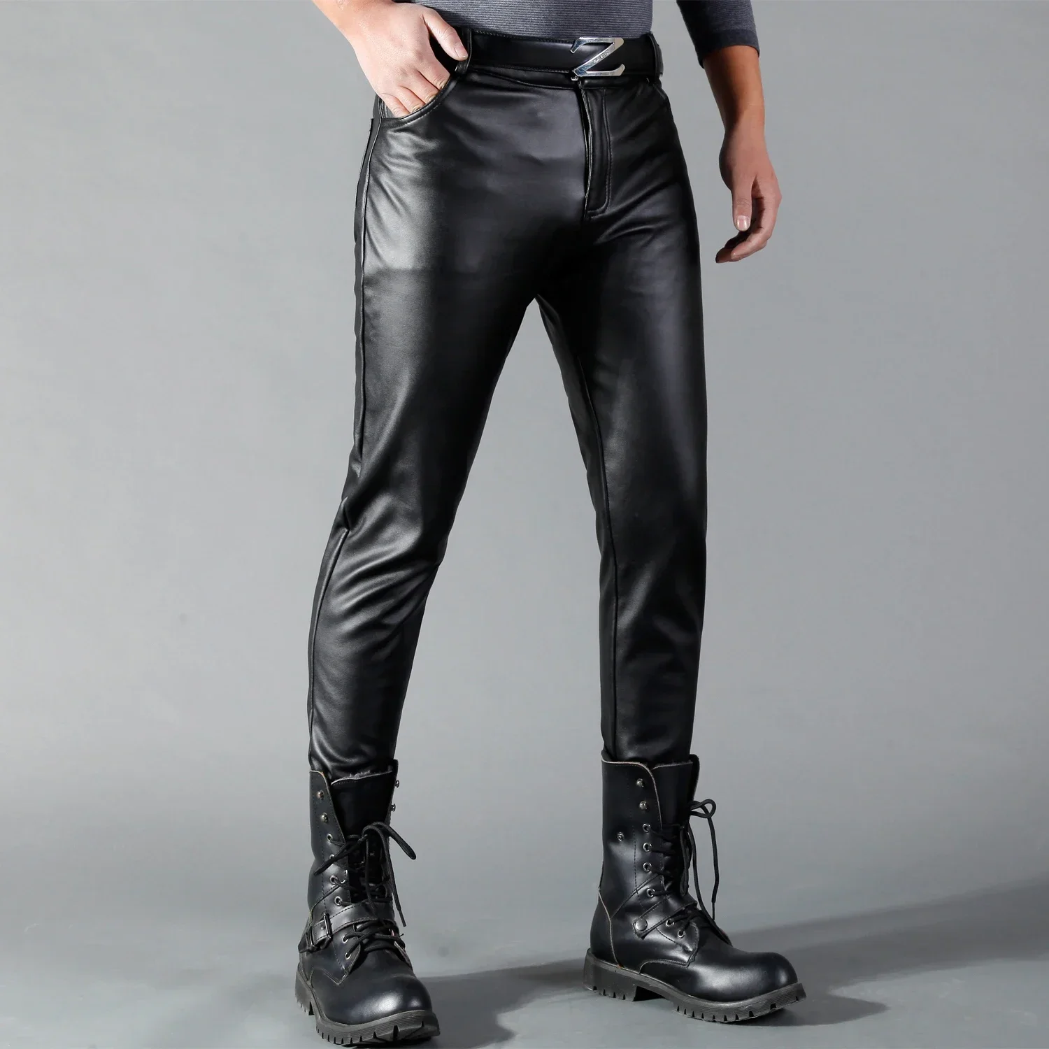 Business Black Matte Leather Pants Men's Commute Mid Waist Slim PU Trousers Pocket Male Casual Splicing Pants Custom Clubwear