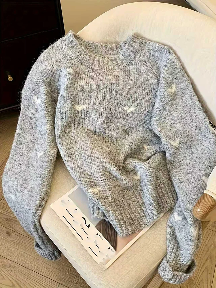 New Plus Size Fall Winter Comfortable Heart Pattern Sweater Long Sleeve Pullover Round Neck Top Korean Popular Women's Clothes image 3