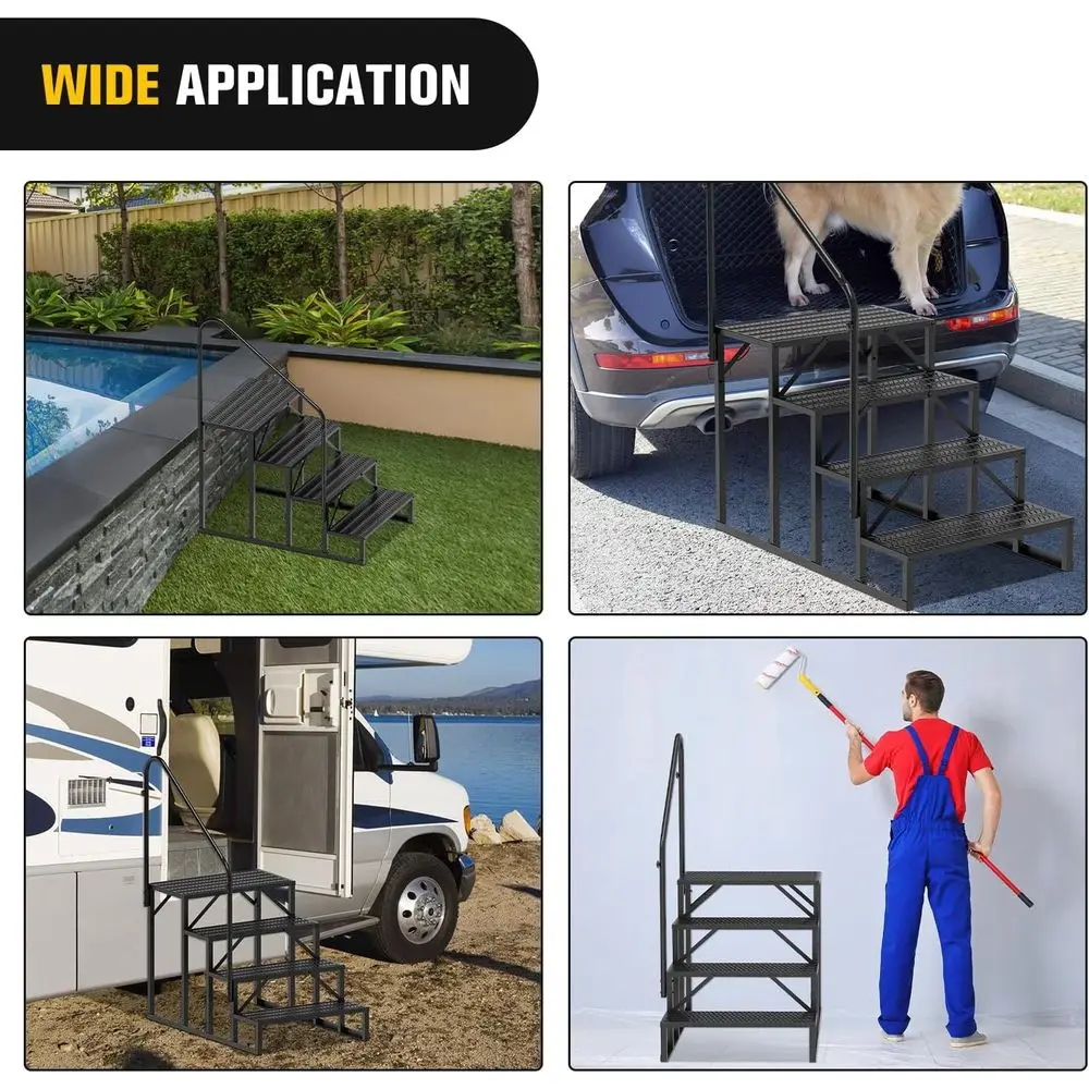 Handrail, 4 Steps Outdoor RV Stairs, Portable Mobile Motor Home Steps for Camper, Travel Trailers, Dock Entry, 5th Wheel RV Porc
