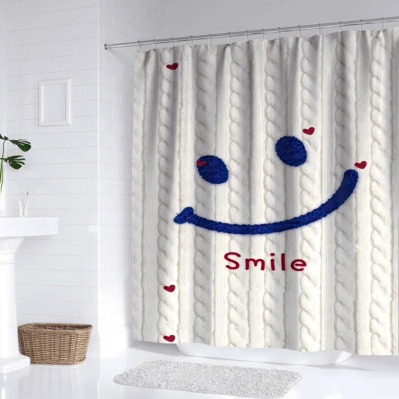 YWJHUI White Knitted Sweater Pattern Shower Curtain with Smile Design, Water-Resistant Polyester Fabric, Machine Washable, Inclu