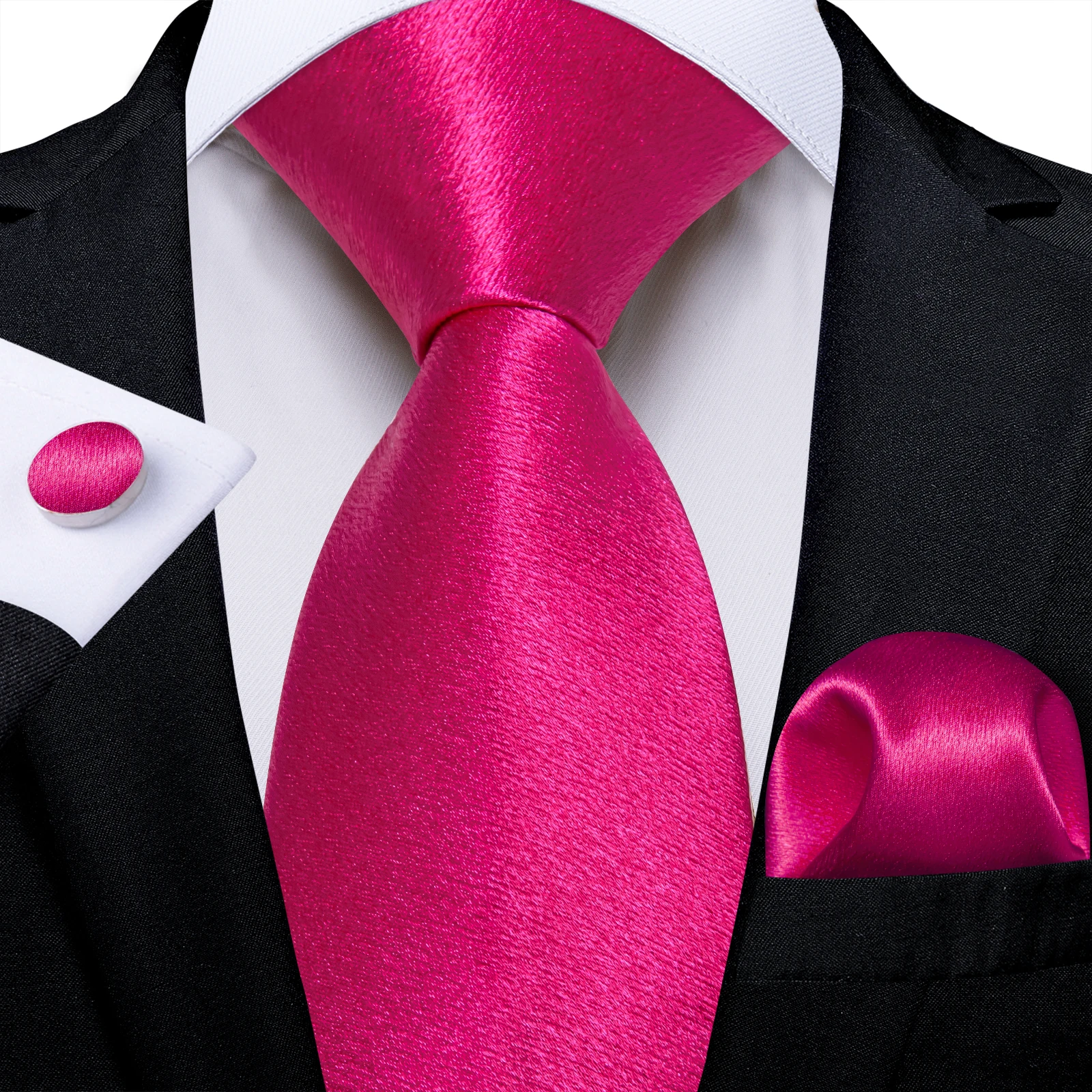 Solid Hot Pink Stain Men's Tie Set Handkerchief Cufflinks 8cm Width Wedding Party Necktie Groom Men Suits Accessories Gift