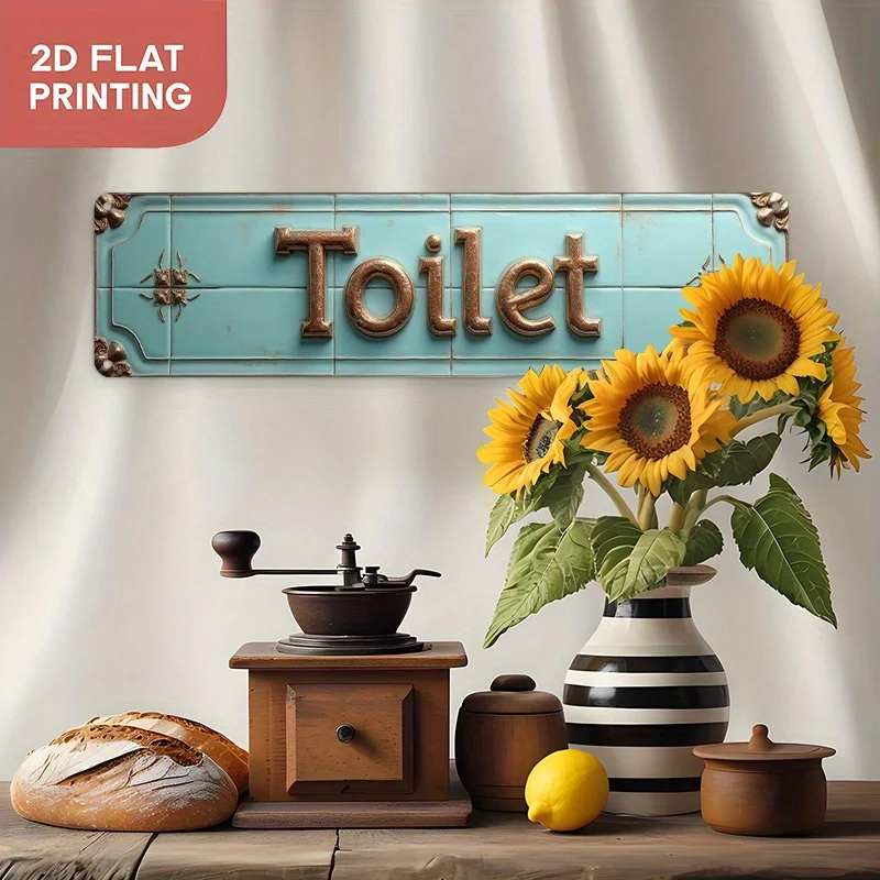 2D Flat, Vintage „Toilette/Badezimmer“-Schild – Rustikales Aluminium-Wandschild mit verziertem Rand und Toilettentext, langlebig für den Innen- und Außenbereich