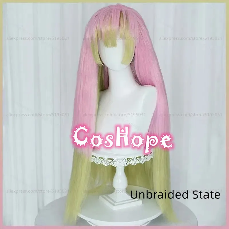 Mitsuri Kanroji Cosplay-Perücke, 80 cm lang, vorgeflochten, rosa, grün, geschichtet, Farbverlaufsperücke, Cosplay, Anime, hitzebeständige synthetische Perücken
