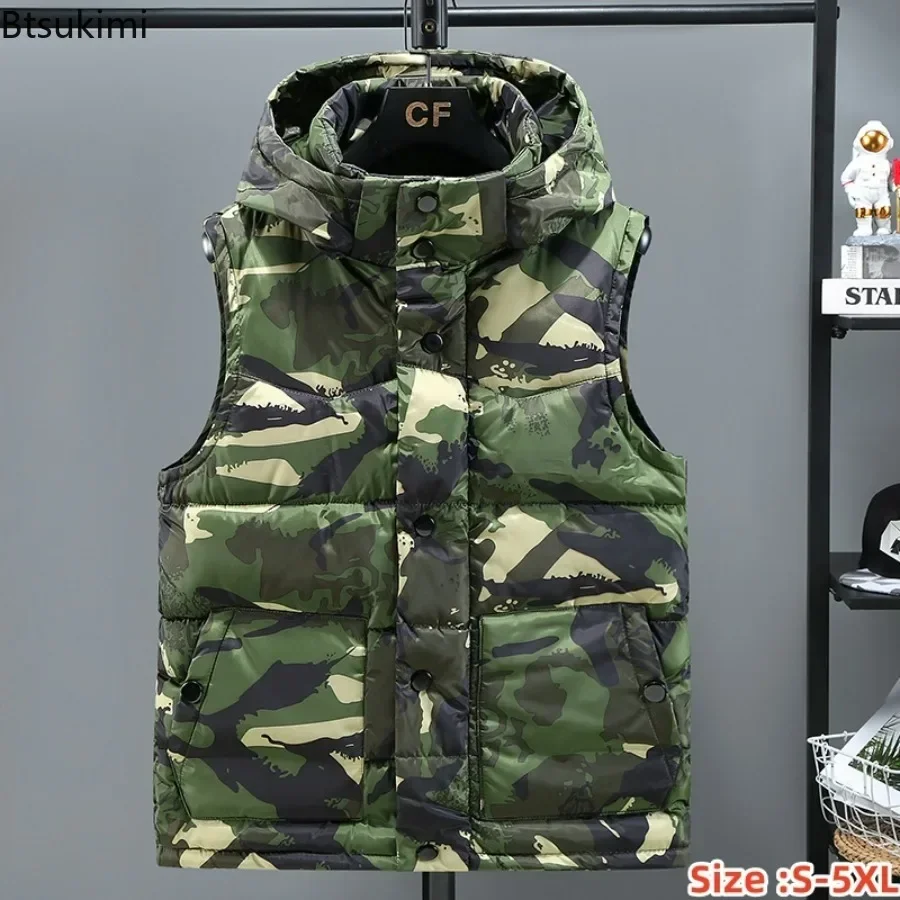 

2025 Men's Camouflage Vest Top Thickened Cotton-padded Vest Winter Waterproof Warm Sleeveless Jacket Men Hooded Casual Waistcoat