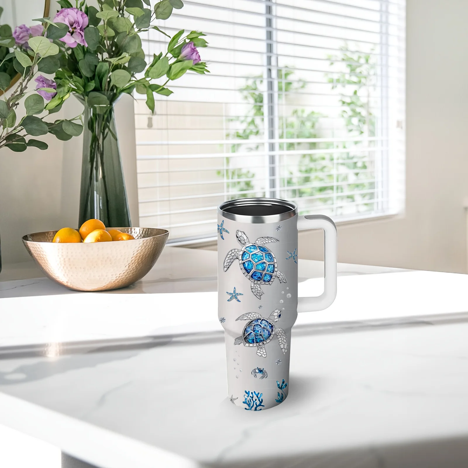 

40oz Turtle-Patterned Insulated Mug with Handle 'Girl Who Loves Turtles' Stainless Steel Travel Mug with Straw Ocean Theme