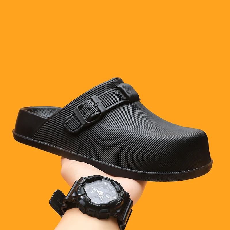 Unisex Summer Clogs Ribbed Texture Closed Toe Mules Adjustable Buckle Strap Slip On Garden Shoes Casual Beach Footwear