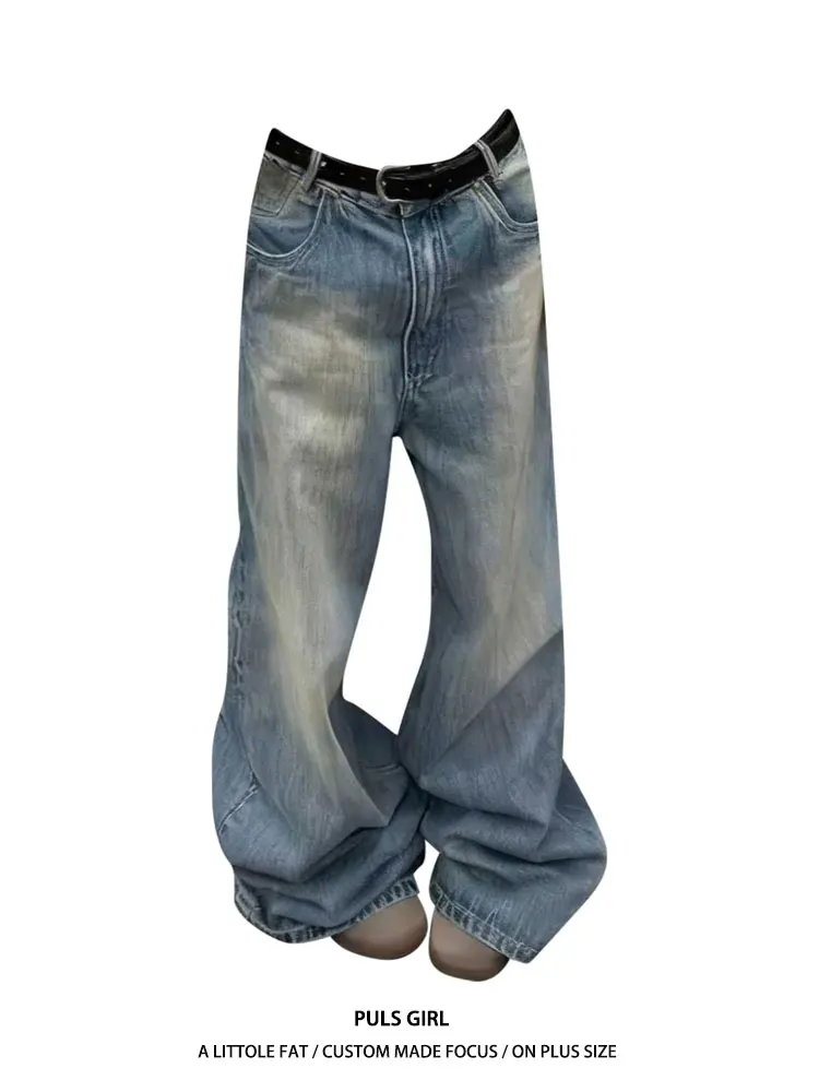 

Ретро-джинсы американского стиля больших размеров для женщин: свободные широкие брюки с высокой талией, повседневные прямые однотонные джинсы, весна 2026