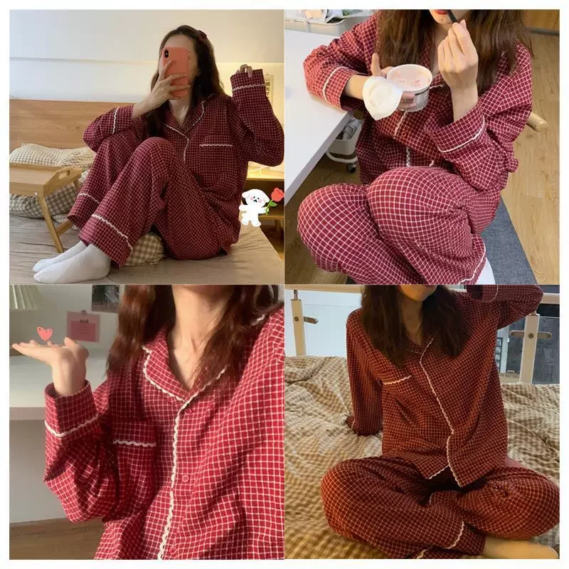 

Red Plaid Women's Sleepwear Long Sleeve Loose Cardigan Pajamas Set Korean Style Long Sleeve Trousers Suitable Girl Home Wear