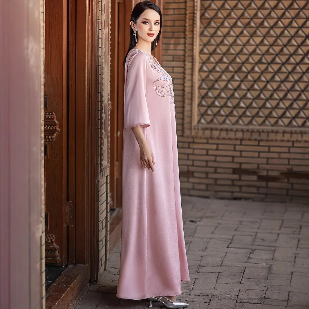 

Eid Women Sequins Dress Muslim Abaya Satin Floral Party Jalabiya Ramadan Long Vestidos Largos Arab Long Robe Morocco Kaftan