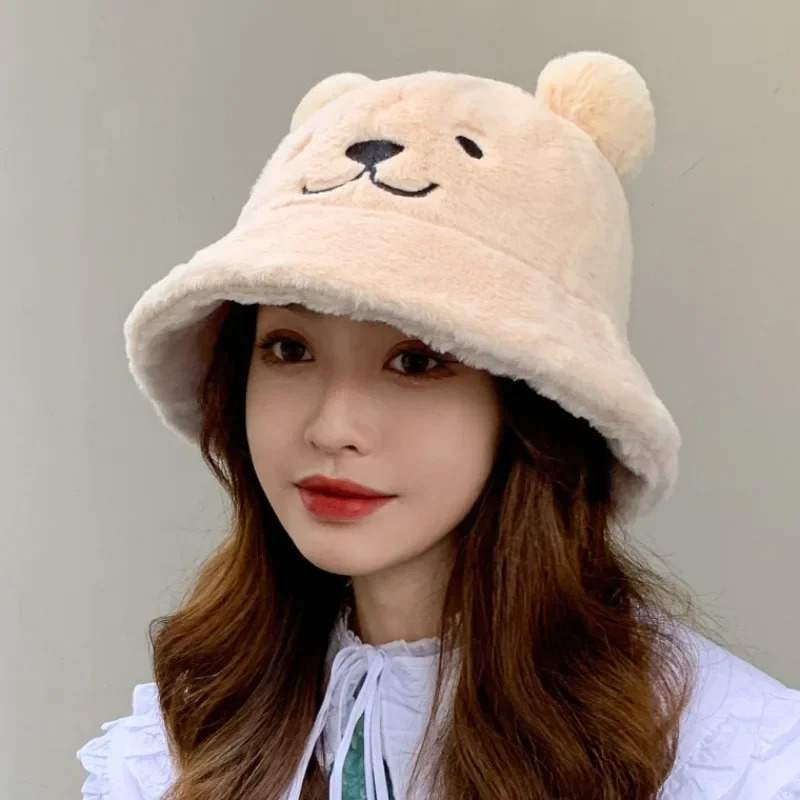 Cute Autumn Winter Leopard Fur Bucket Hat Bear Ear Ball Plush Fisherman Hat Soft Warm Thick Basin Hat Sun Protection Bucket Hats