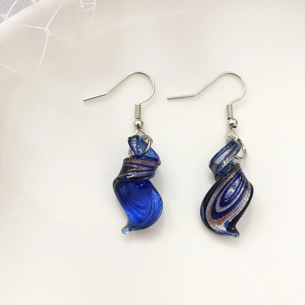 1 Pairs Chinese Style Glass Murano Retro Earring Handmade Personality Pendant Female Spiral Navy Blue Glass Pendant