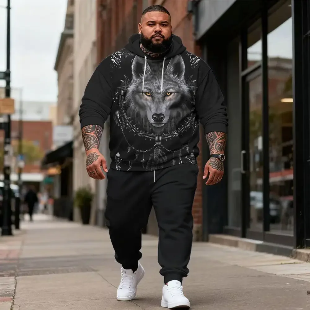Men's Plus Size 2 Piece Wolf or Eagle Graphic Pullover Hoodie and Jogger Pants Set, Wildlife Designs for Casual Wear, S-9XL