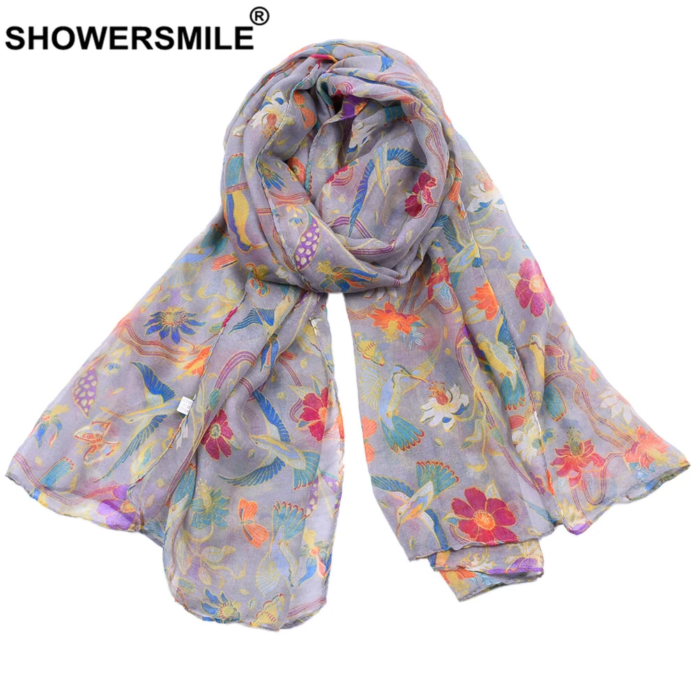 SHOWERSMILE-bufanda con estampado de flores para mujer, bufandas coloridas de gasa para primavera y otoño, Echarpe