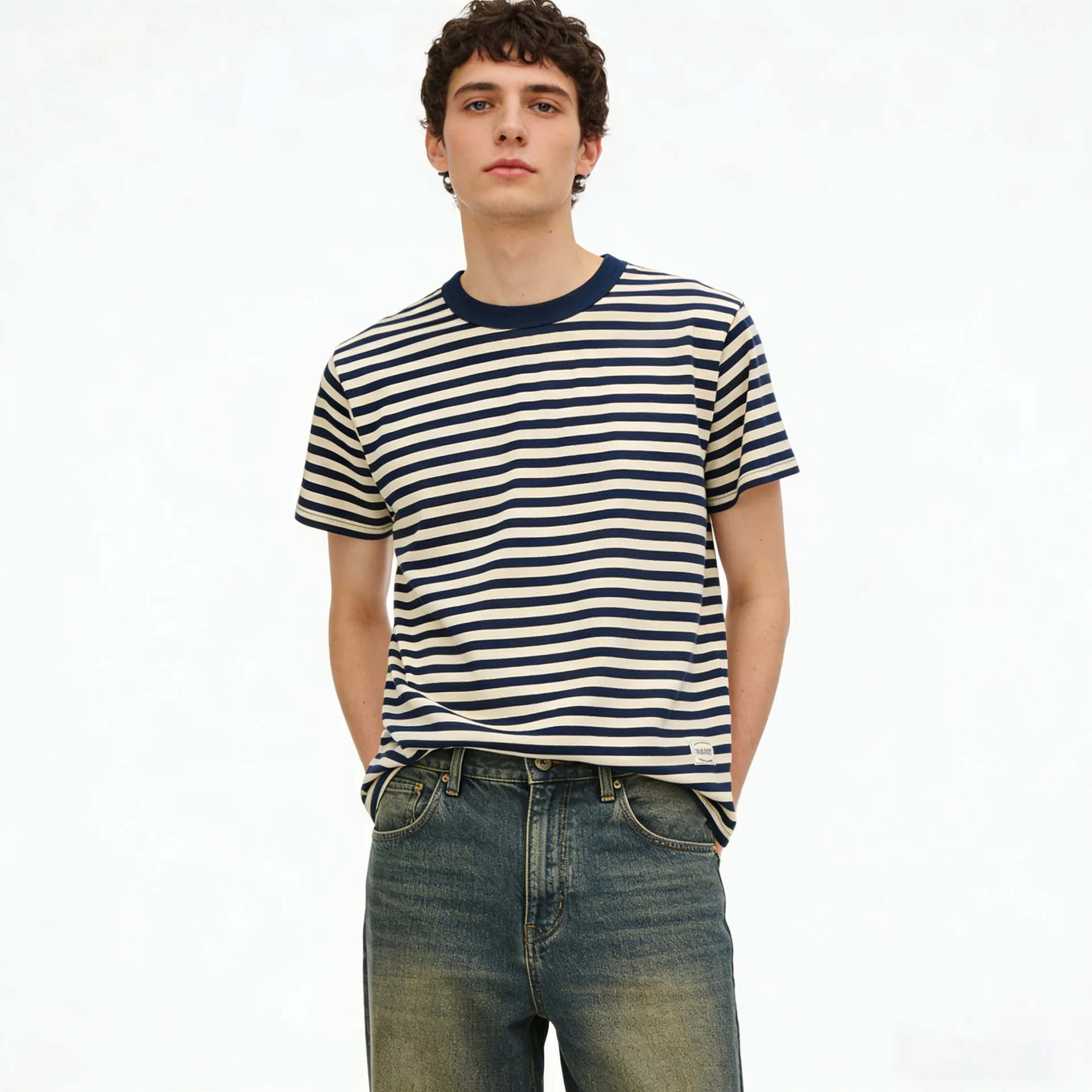 New American Amikaji Retro Shirt 230g Men's Cotton Thin Stripe Short Sleeved T-shirt Sea Soul Shirt