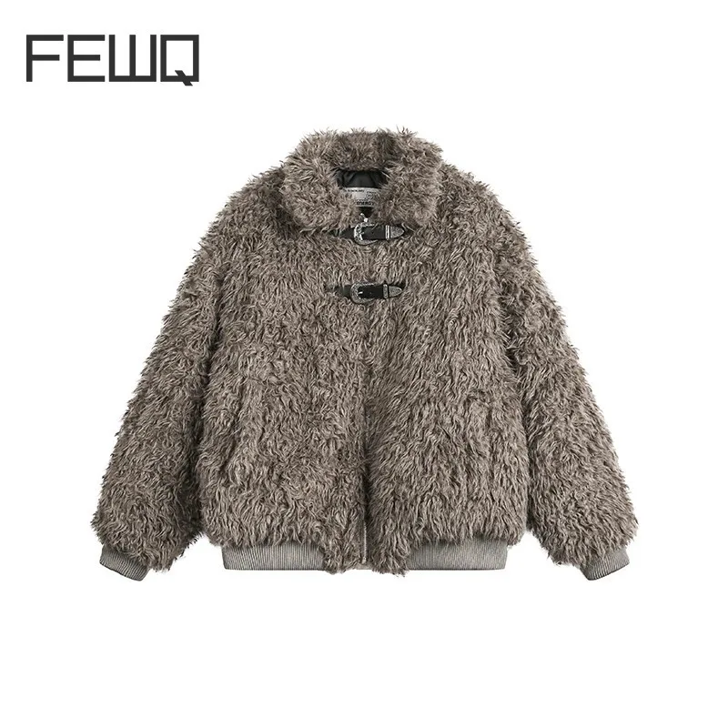 FEWQ Men's Padded Jackets Korean StyleTurn-down Collar Metal Button Thickened Solid Color Loose Lamb Wool Male Coats CPG2187