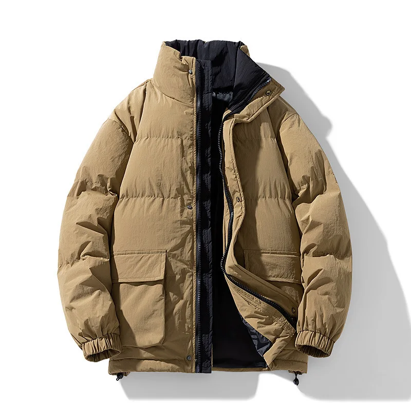 Man Jacket Winter Fashion Contrast Color Stand Collar Male Down Coat Thicken Cold-proof Long Sleeve Pocket Soft Men Outerwear