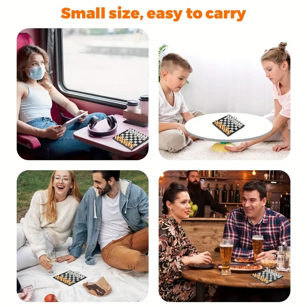 

Pocket Size Gold Silver Mini Chess Set Magnetic Pieces Table Games Portable Chess Folded Design Travel Chess Adult Players