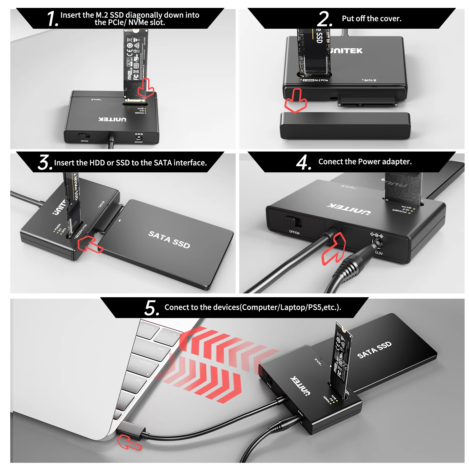 Imagem -06 - Unitek-nvme Ssd Enclosure Usb c para m2 Sata Case Adapter Solid State Drive 10 Gbps Leitor de Disco Rígido Externo 2.5 3.5