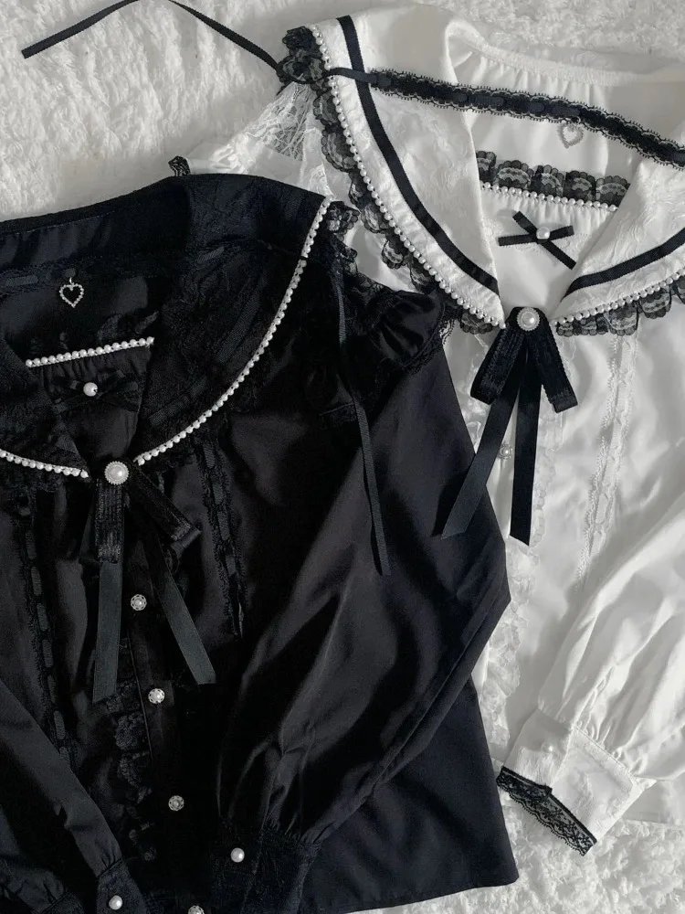 Kawaii لوليتا بلوزة المرأة بحار طوق قميص Y2k الجمالية الدانتيل المرقعة الجرونج القمم JK لطيف القوس زر Blusas اليابانية 2025