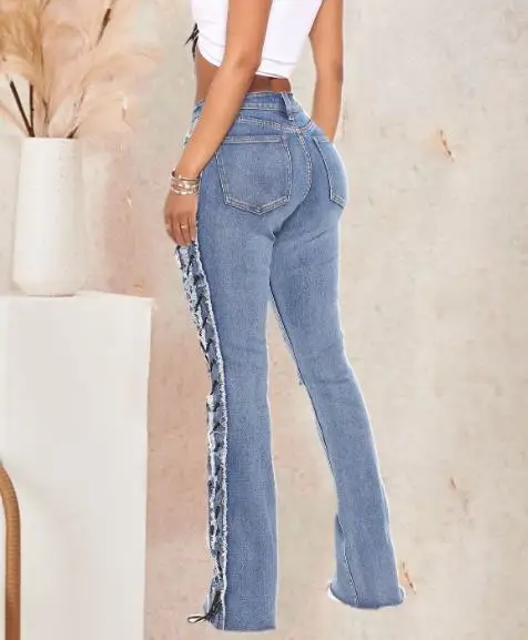 Herbstlich gebürstet, zerrissen, Loch durch Seildesign, eng anliegende Jeans für Damen, trendige und personalisierte Jeans mit hoher Taille