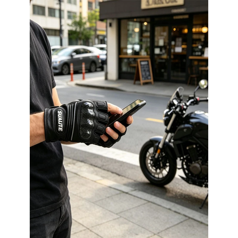 Breathable Soft Goatskin Half Finger Motorbike Gloves For Men Summer Carbon Fiber Knuckle Protection Touchscreen Riding Gear gp