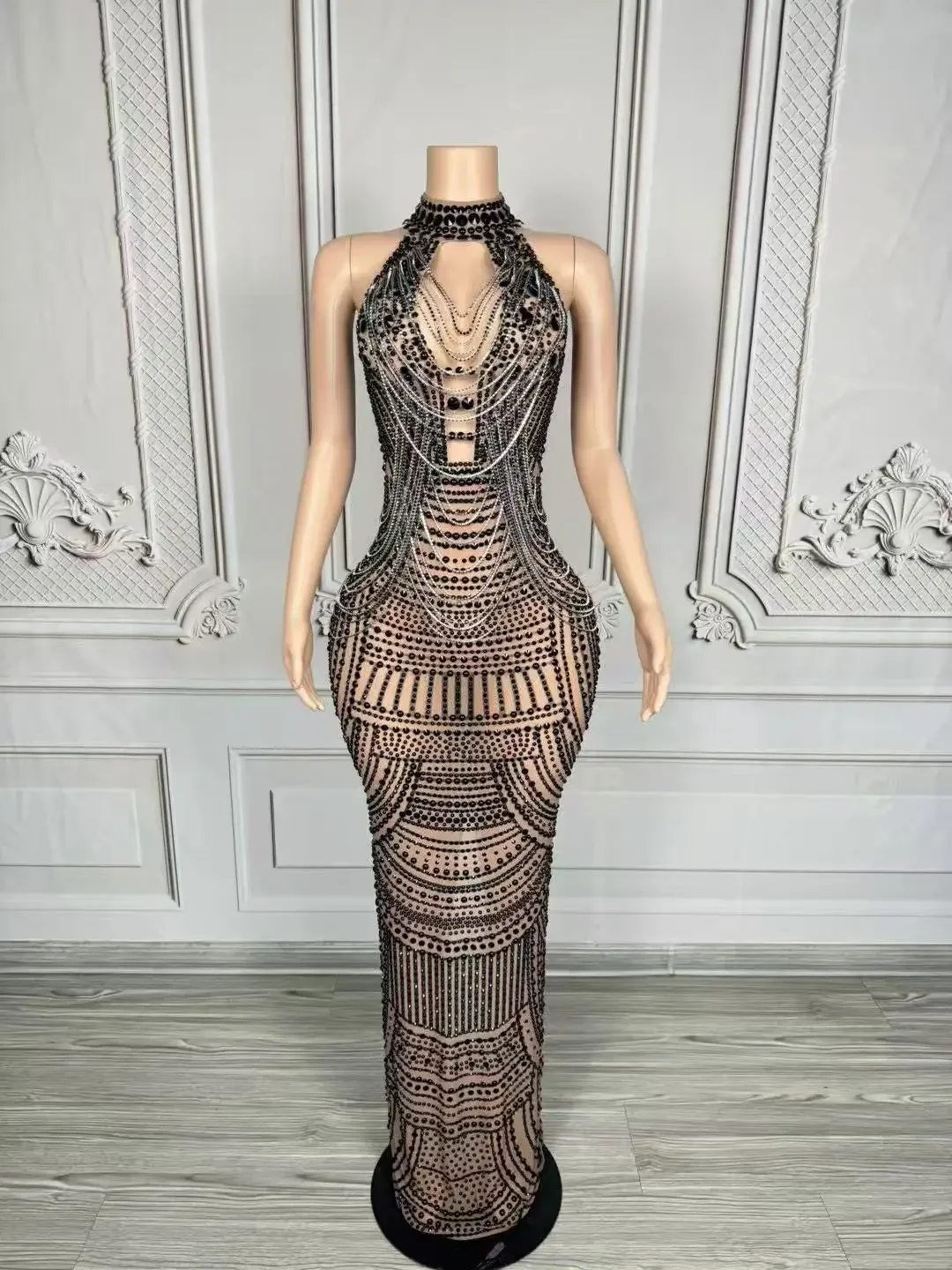Luxury Pearl Chain Blue Black Nude  Rhinestones Dress Women Sexy Mesh Dress Singer Stage Wear Wedding Birthday Photoshoot Dress