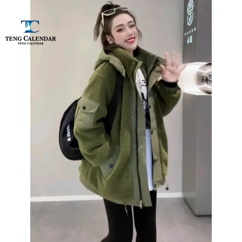 Women's Winter Jacket, Imitation Lamb Plush Hooded Jacket with Cotton Clip, Medium Long Fleece Loose Cotton Jacket,