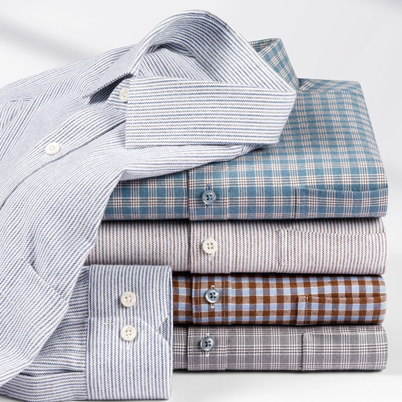 

100%cotton brushed plaid long sleeve shirts for man slim fit plain shirtCasual single pocket striped elegant designer clothes