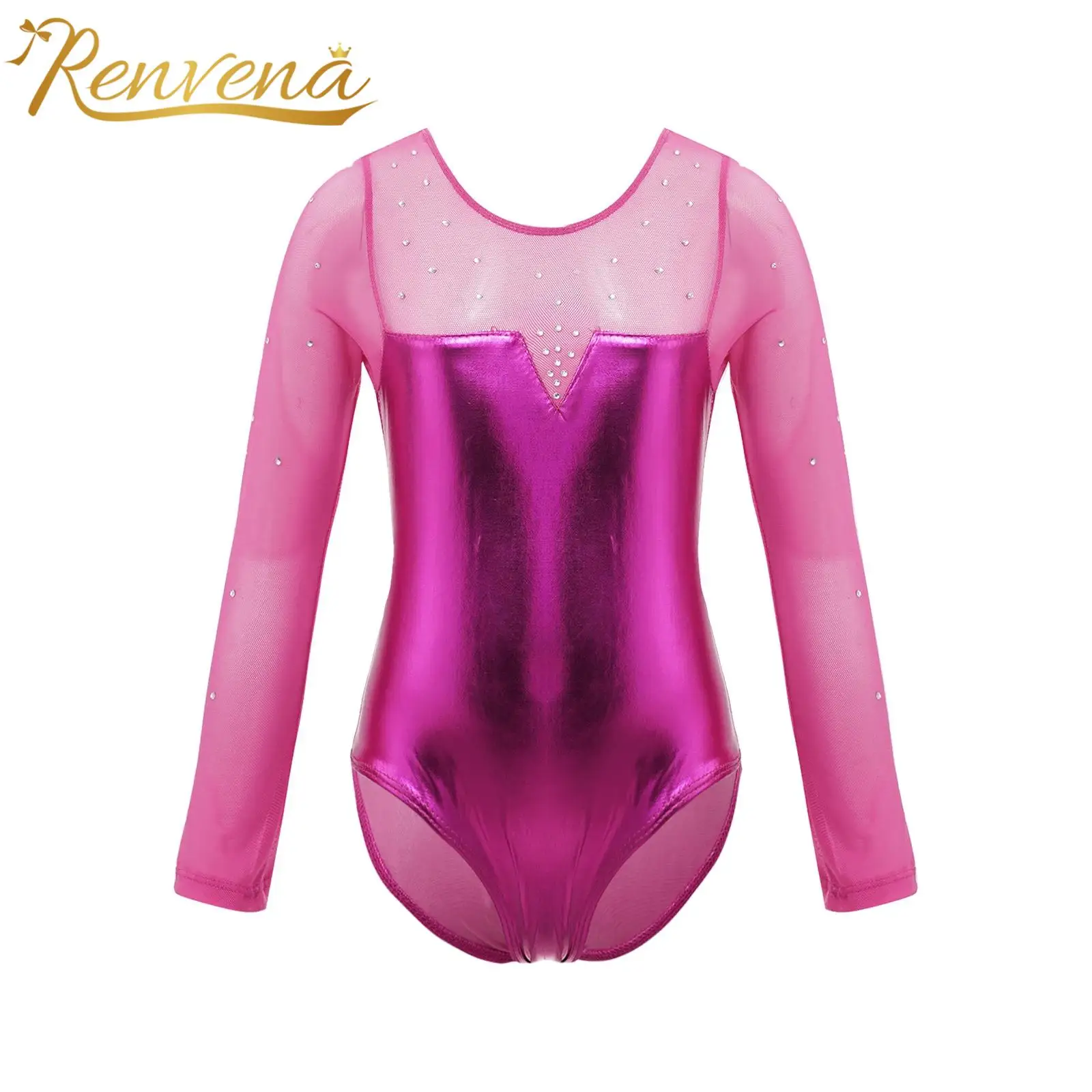 

Children's Gymnastics Bodysuit for Girls Kids Long Sleeve Rhinestone Metallic Ballet Dance Leotard Figure Skating Jumpsuit