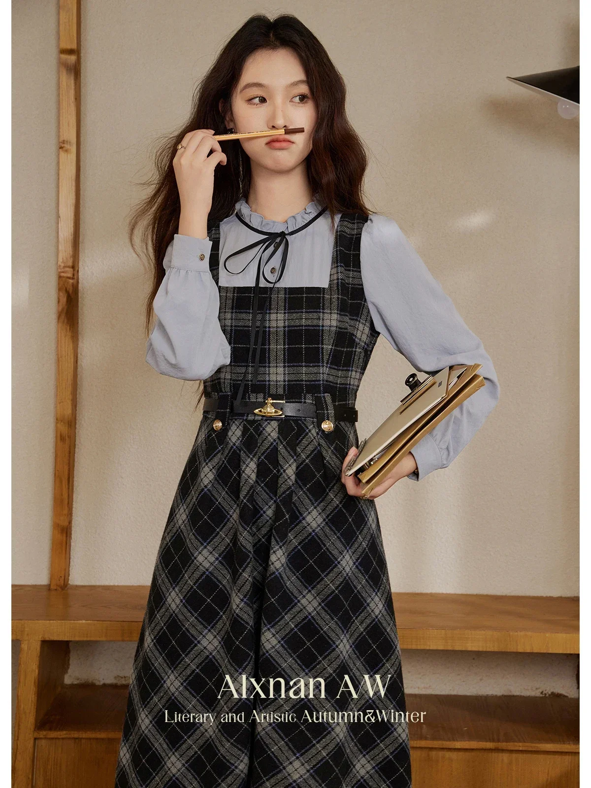 

ALXNAN Women Preppy Style Dress Autumn Vintage 2 in 1 A-line Plaid Edible Tree Fungus O-neck Lace-up Bow Women Dress L39667