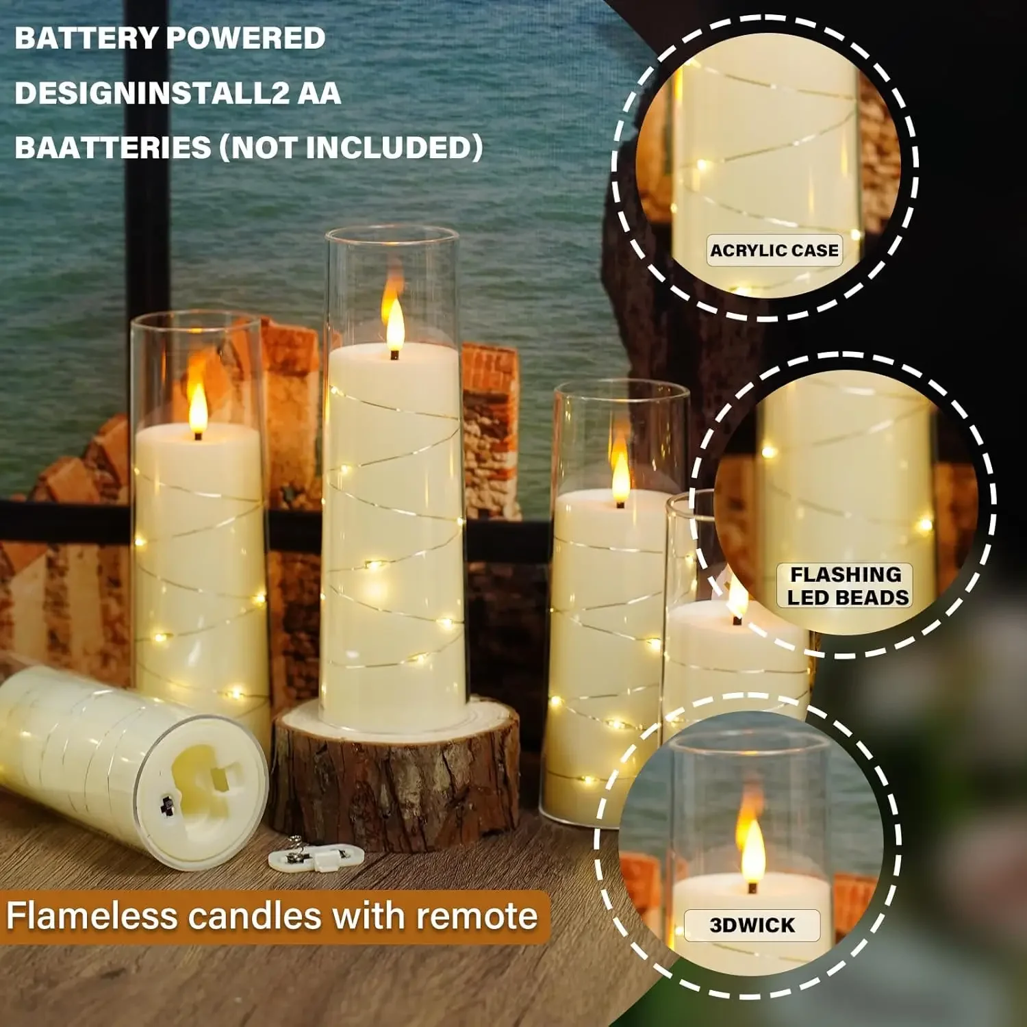 Flameless LED Candles, Flickering Battery Operated Candles with Fairy Lights, Acrylic Candle Lamps for Halloween Home Decor