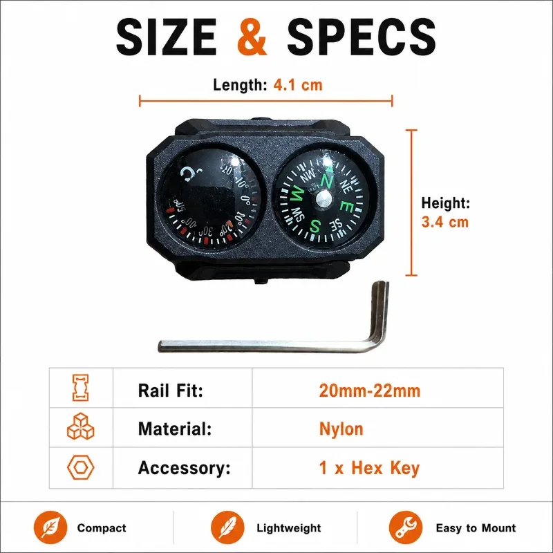 Combined Compass Thermometer Nylon Model Ornament, Fits 20‑22MM Rail with Installation Hex Key