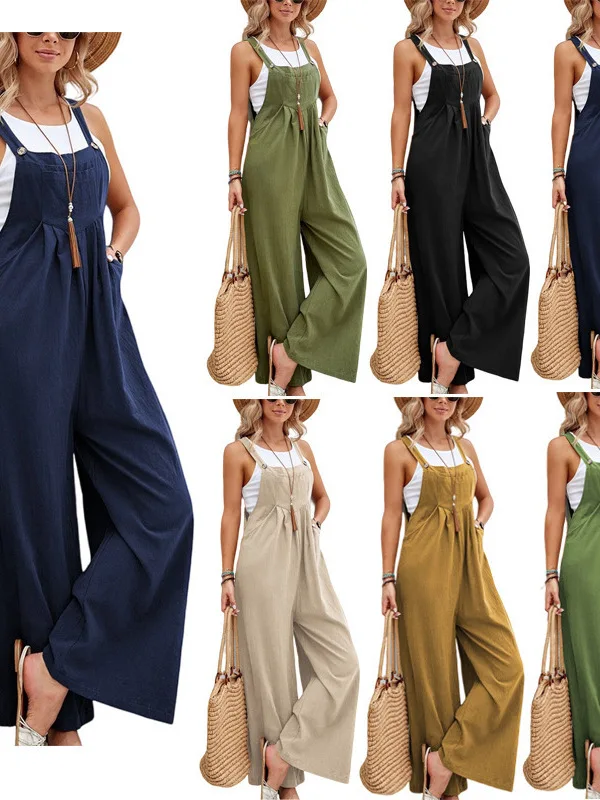 

Loose Women's Casual Overalls Street Sle High Waist Long Pants Pure Color Wide Leg Jumpsuits for Ladies Summer Faion