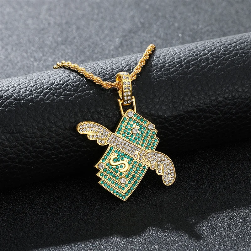 Flying Money Necklace Wings Cash Pendant Men's Jewelry Punk Hip Hop Rock Style Rap Dancer Handsome Guy Accessories Cool Gifts