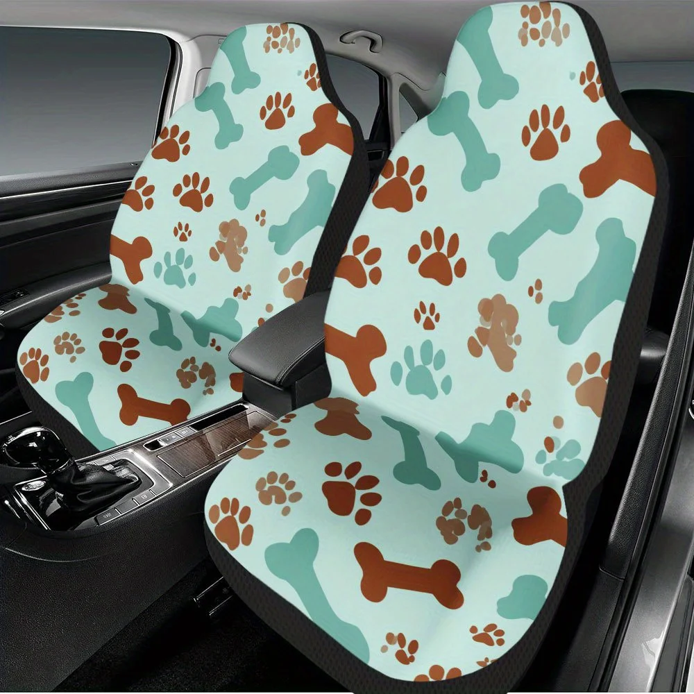 2pcs Dog Bones And Paws Themed Car Seat Cover Set – Universal Fit, Durable High-Quality Seat Protectors, Stylish Full Set For 2
