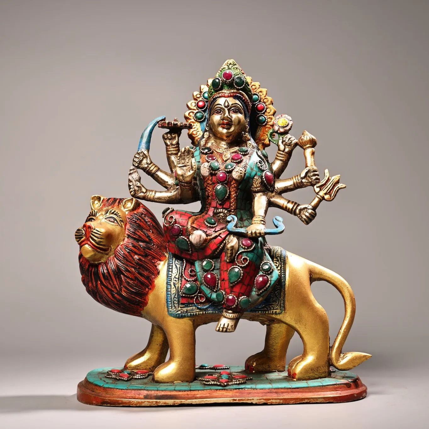 

10"Xizang Folk Old Bronze Outline in gold Mosaic Gem Durga Sitting Buddha Sitting Mythical Animals Worship Hall