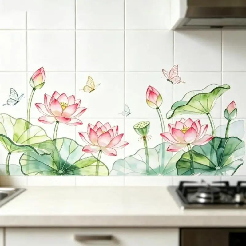 DIY Lotus Flower Wall Decal Waterproof Self-Adhesive Peel & Stick Decor for Bathroom Sink Background Wall
