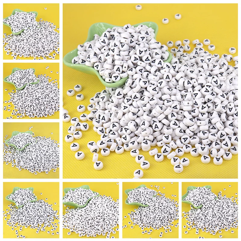100pcs 7x4mm White Round A-Z Alphabet Letter Acrylic Loose Spacer Beads for Jewelry Making Diy Bracelet Accessories