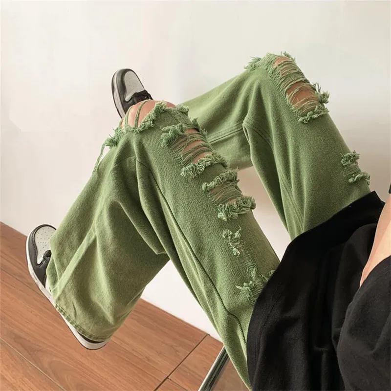 Green Jeans Men\'s Clothing High Street Ripped Straight Pants Solid Color Button Pocket Trousers Loose A008