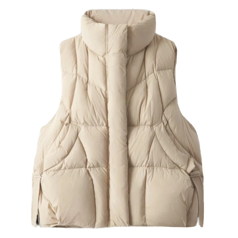 La versione coreana della moda piumino da donna indossa un nuovo gilet termico leggero con streamer triangolare in piuma d'anatra bianca