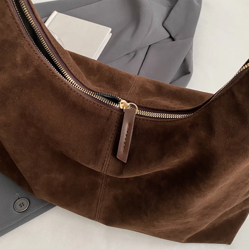 Women Suede Shoulder Bag with Zipper Hobo Bag Large Capacity Handbag Slouchy Bag Commuter Travel Bag image 4