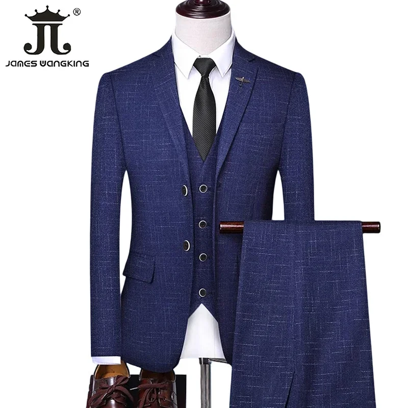 

( Jacket + Vest + Pants ) Checker Casual Business Office Mens Suit Set of Three and Two Groom Wedding Dress Plaid Suit Male